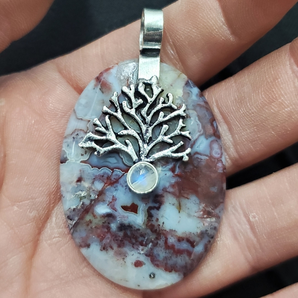 New Seam Agate and Rainbow Moonstone 925 Silver Pendant.